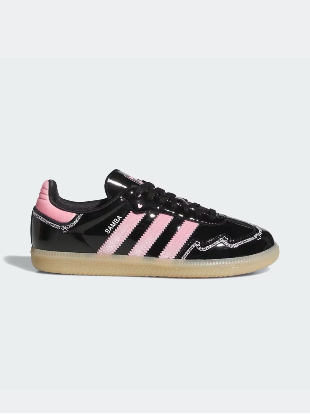 Adidas Black Patent Samba Sneakers with Pink Stripes 6.5 big kids or 7.5 to 8 Wm